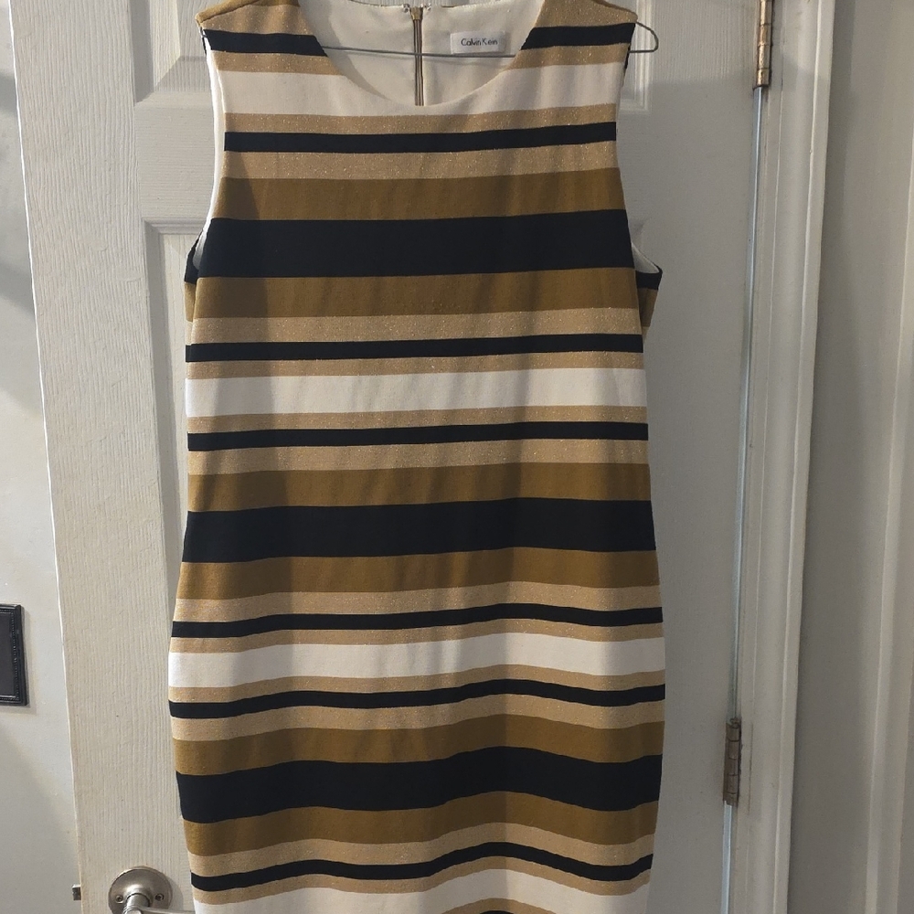 Calvin Klein Women's Midi Dress - Black, White, Gold Stripes
